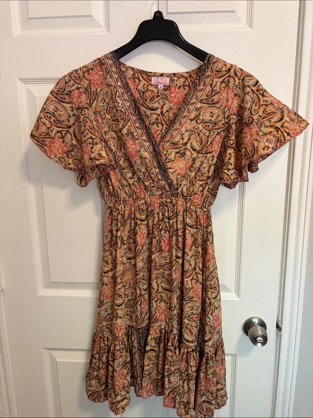 Floral Paisley V-Neck Short Sleeve Dress in Peach